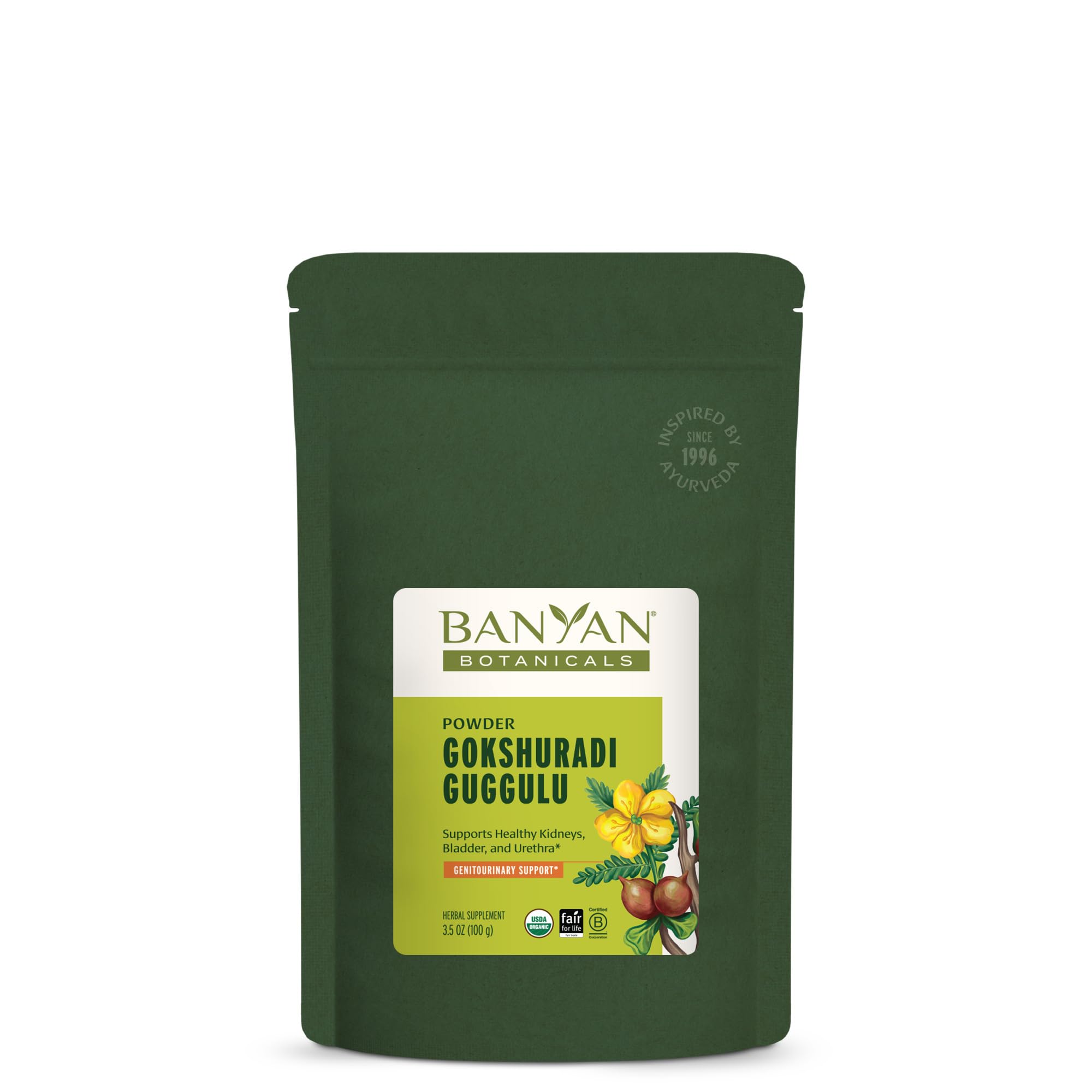 Banyan Botanicals Gokshuradi Guggulu powder bottle with organic ingredients for urinary support.