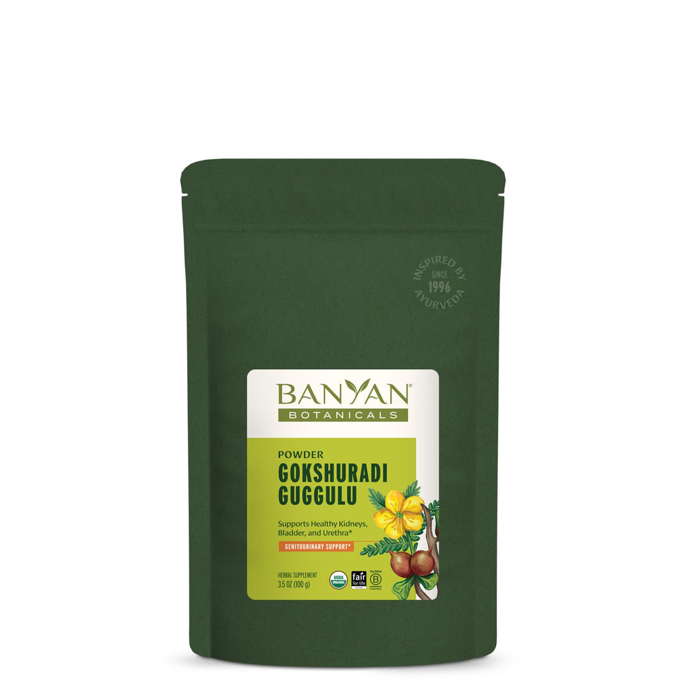 Banyan Botanicals Gokshuradi Guggulu powder bottle with organic ingredients for urinary support.