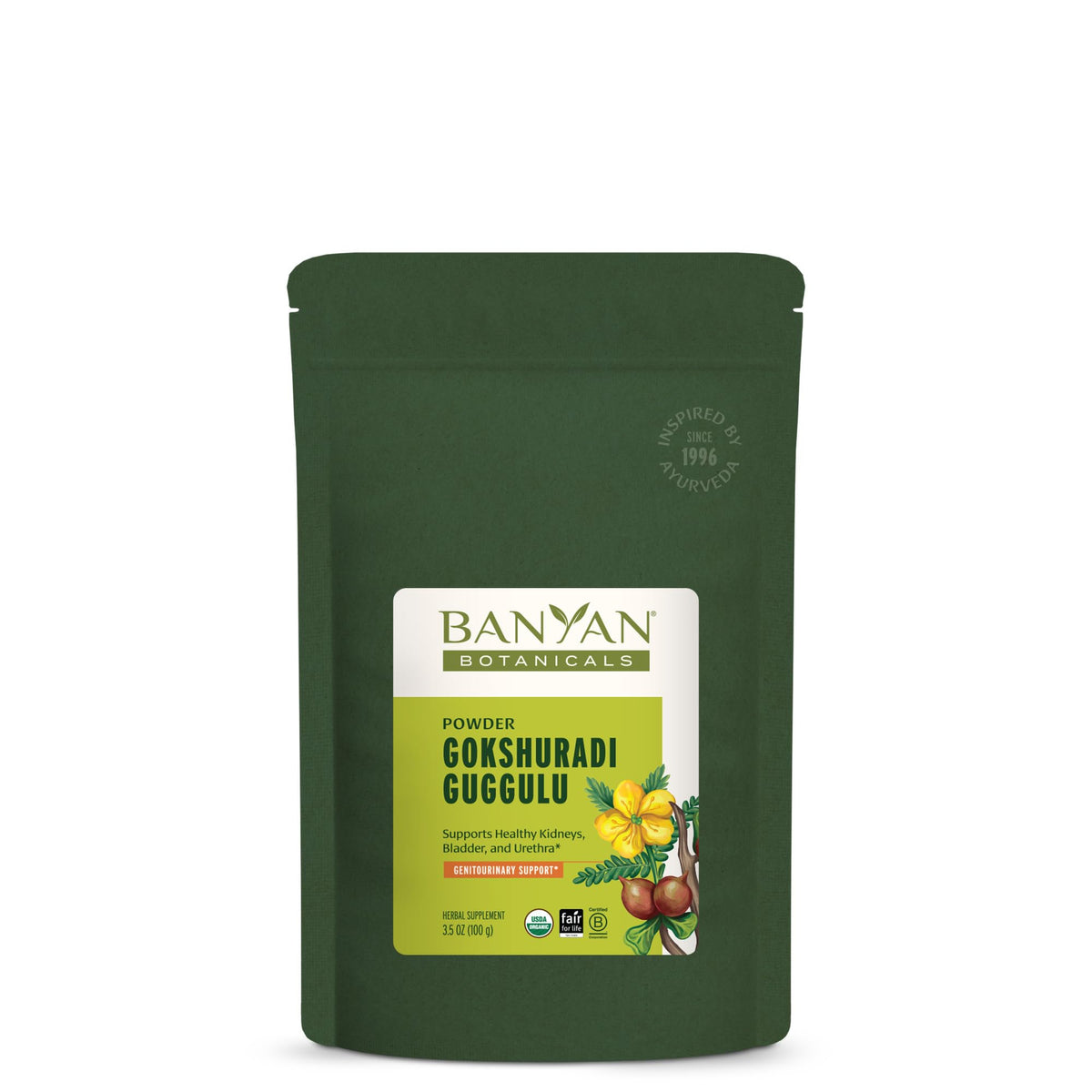 Banyan Botanicals Gokshuradi Guggulu powder bottle with organic ingredients for urinary support.