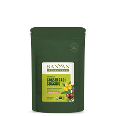 Banyan Botanicals Gokshuradi Guggulu powder bottle with organic ingredients for urinary support.