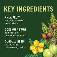 Gokshuradi Guggulu powder label close-up highlighting sustainability and non-GMO sourcing.