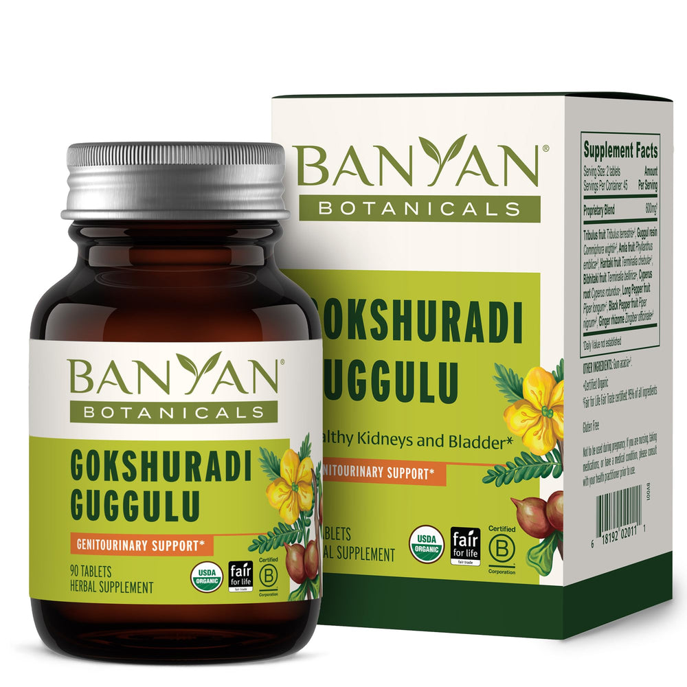 Banyan Botanicals Gokshuradi Guggulu tablets bottle on shelf for urinary support.