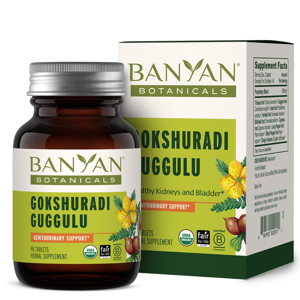 Banyan Botanicals Gokshuradi Guggulu tablets bottle on shelf for urinary support.