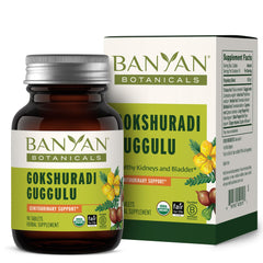 Banyan Botanicals Gokshuradi Guggulu tablets bottle on shelf for urinary support.