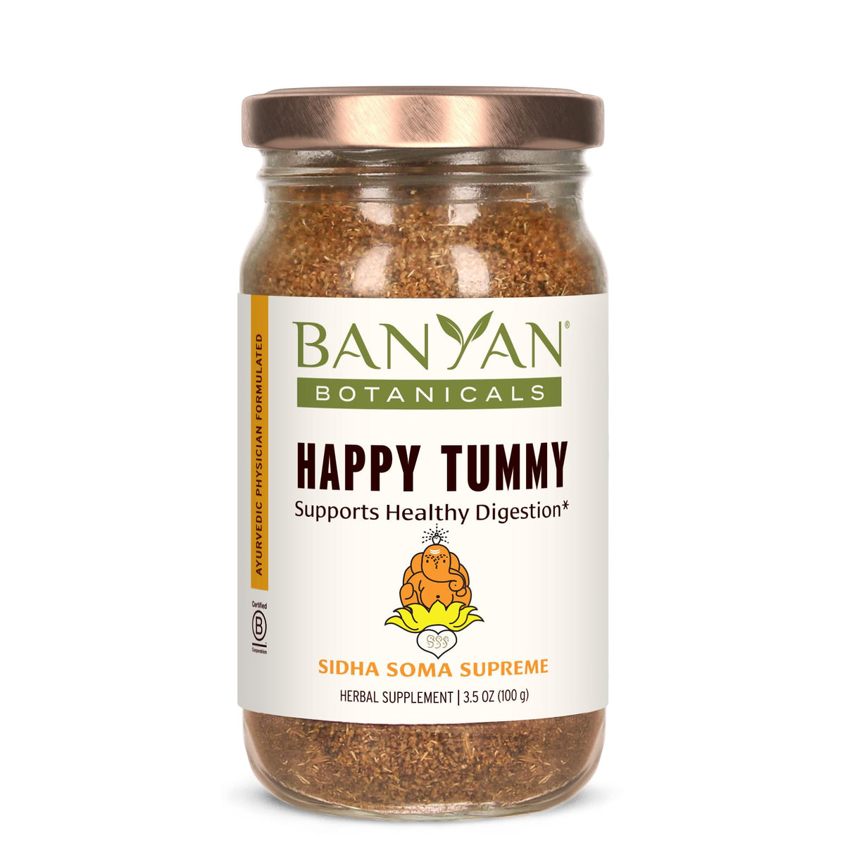 Banyan Botanicals Happy Tummy in a jar supports post-meal comfort.