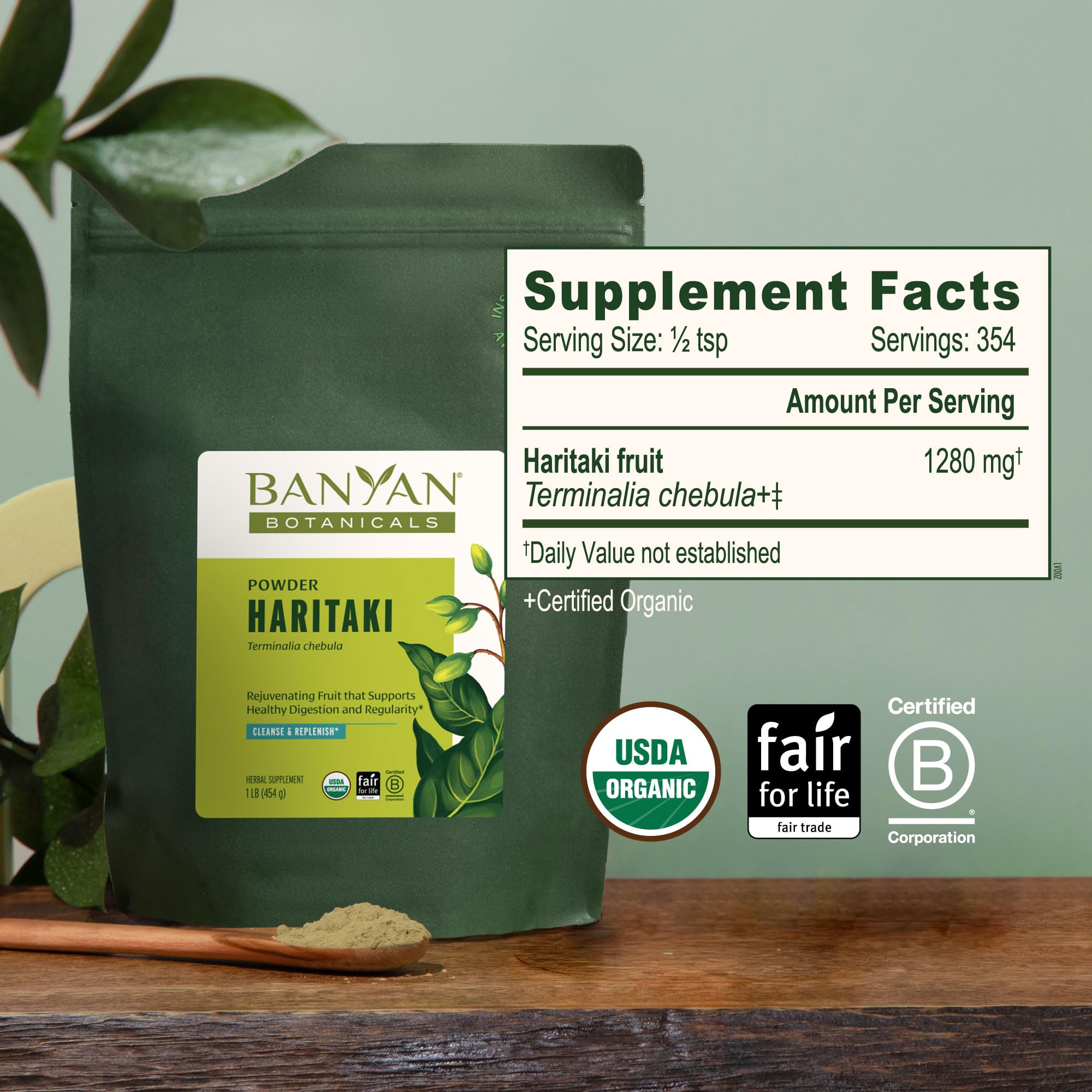 Haritaki powder tea preparation by Banyan Botanicals for warm beverages.