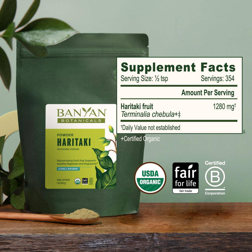 Haritaki powder tea preparation by Banyan Botanicals for warm beverages.