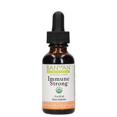 Banyan Botanicals Immune Strong bottle ready for daily use in a bright kitchen