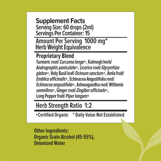 Dropper releasing precise drops from Banyan Botanicals Immune Strong