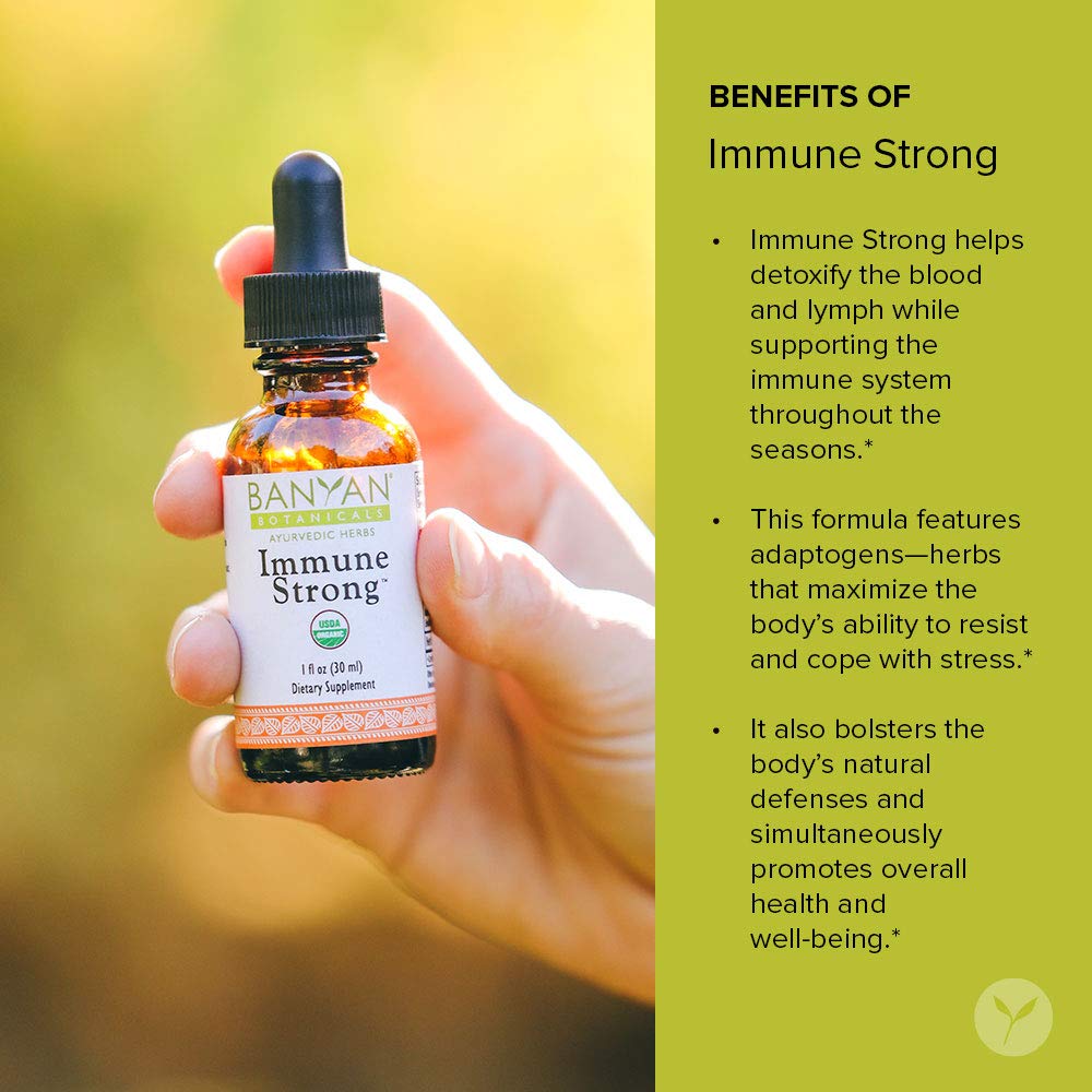 Close-up of Immune Strong label showing organic and fair trade cues