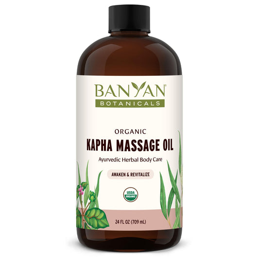 Banyan Botanicals Kapha Massage Oil bottle ready for a warming self-massage ritual.