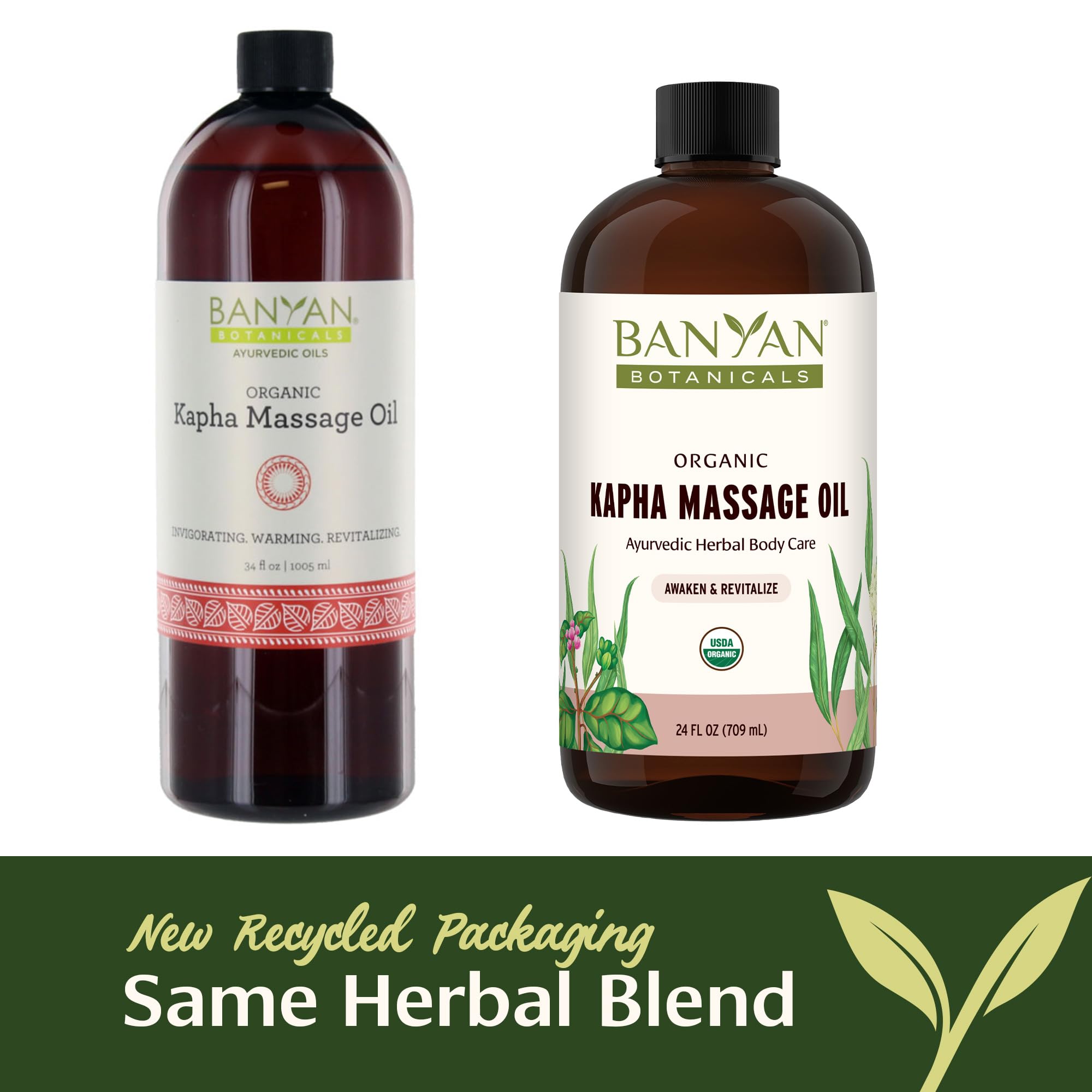 Banyan Botanicals Kapha Massage Oil used during full-body abhyanga ritual.