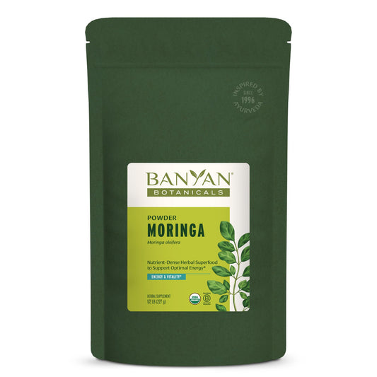 Banyan Botanicals Moringa Powder bottle closeup, highlighting organic greens for daily energy support.