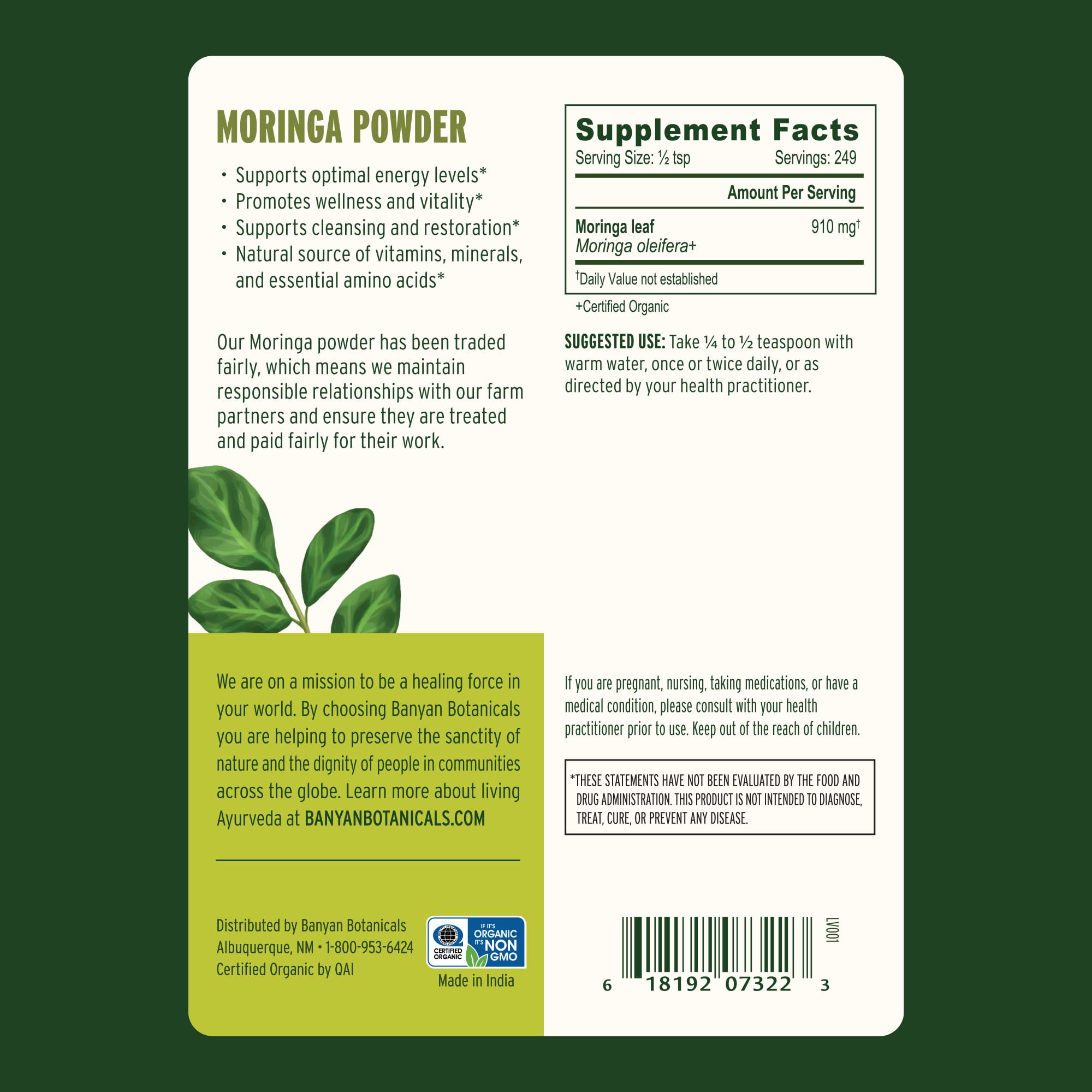 Banyan Botanicals Moringa Powder tea moment, aroma and grounding refreshment.