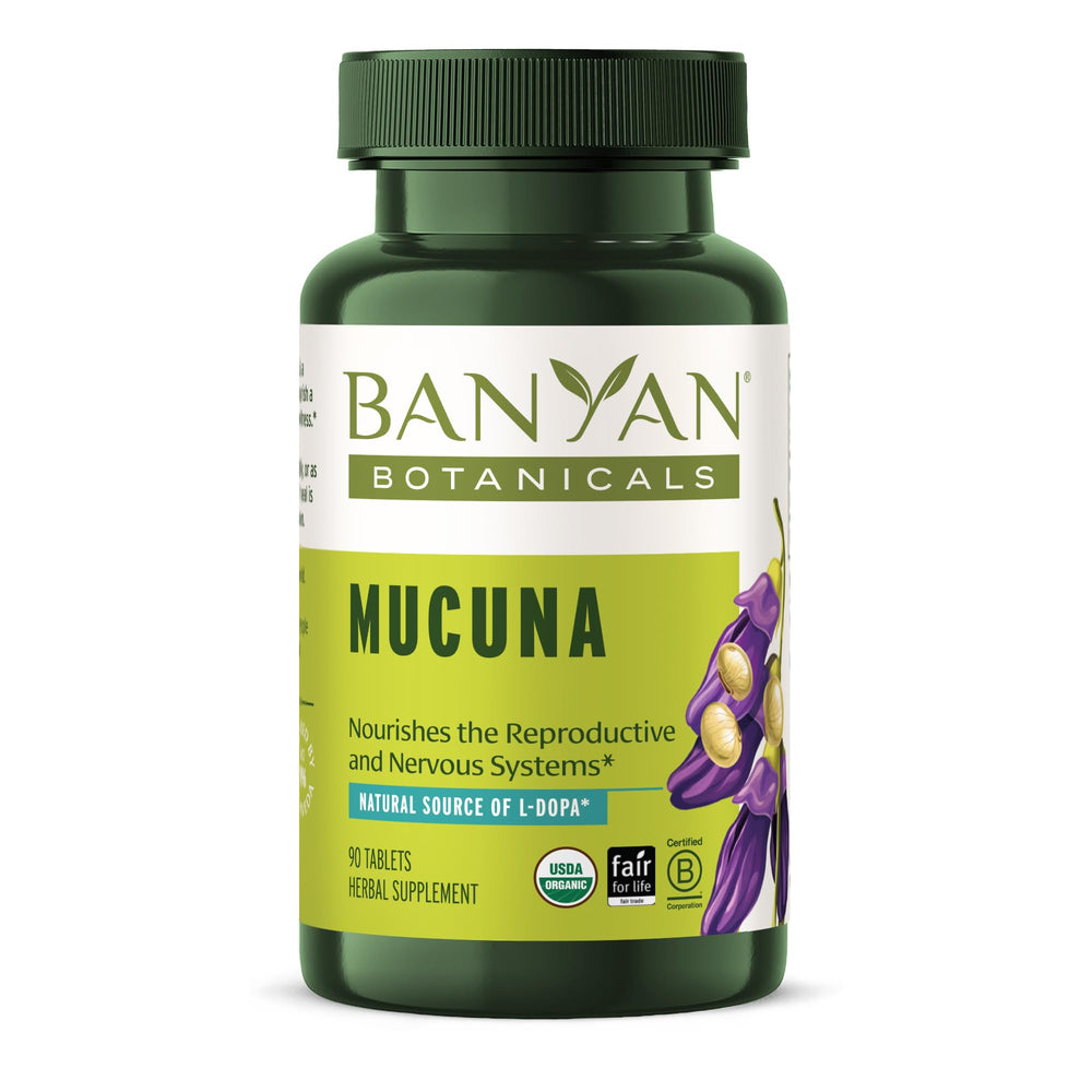 Banyan Botanicals Mucuna Pruriens tablets bottle offers convenient organic wellness support.