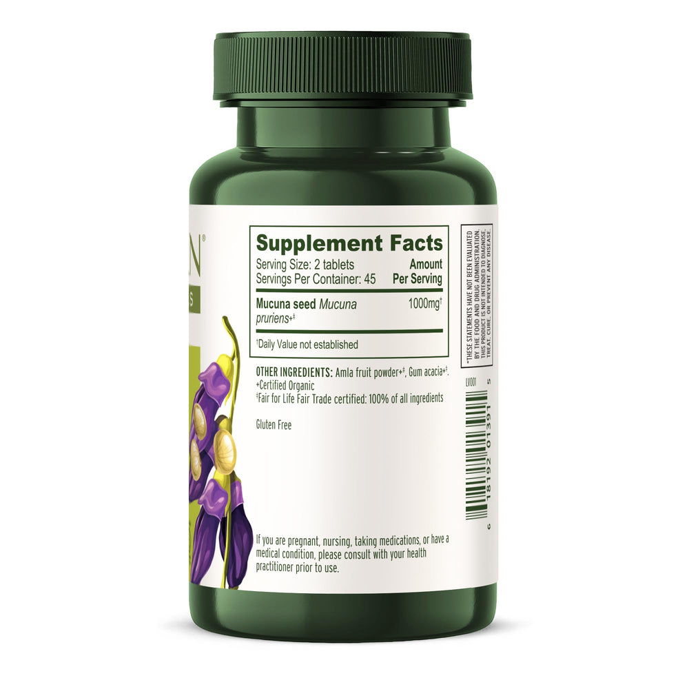 Capsules of Banyan Botanicals Mucuna Pruriens tablets arranged for use.