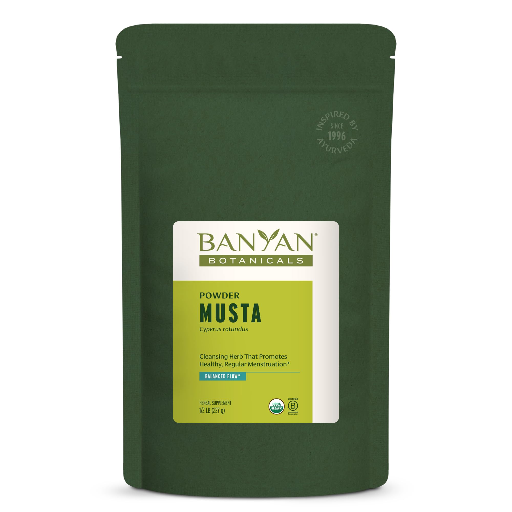 Banyan Botanicals Musta powder bottle pour for easy daily dosing