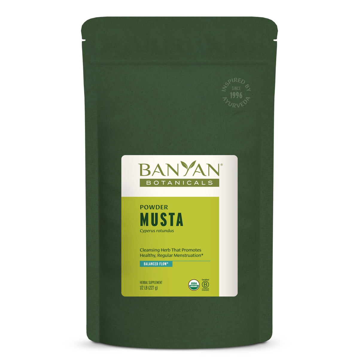 Banyan Botanicals Musta powder bottle pour for easy daily dosing