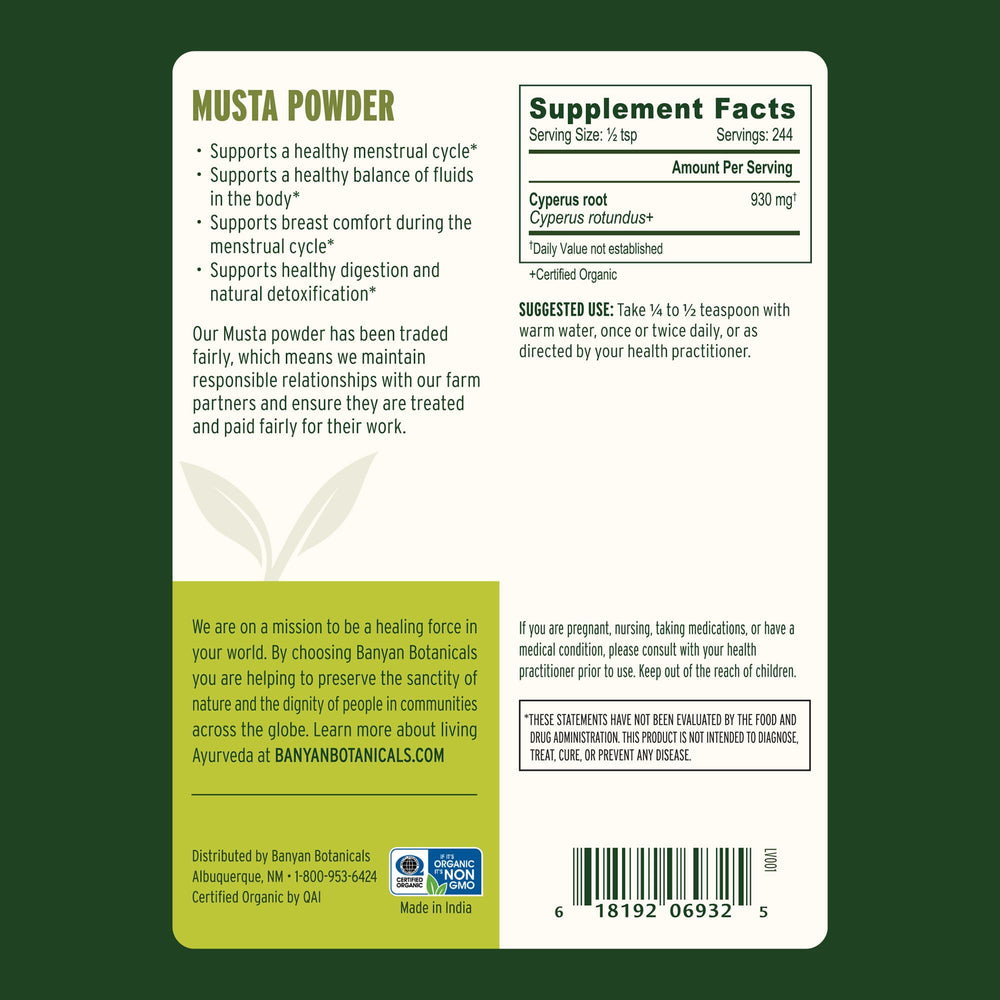 Musta powder packaging label highlights organic, non-GMO sourcing