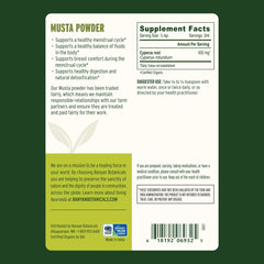 Musta powder packaging label highlights organic, non-GMO sourcing