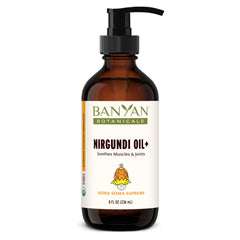 Banyan Botanicals Nirgundi Oil+ bottle for massage and relaxation.