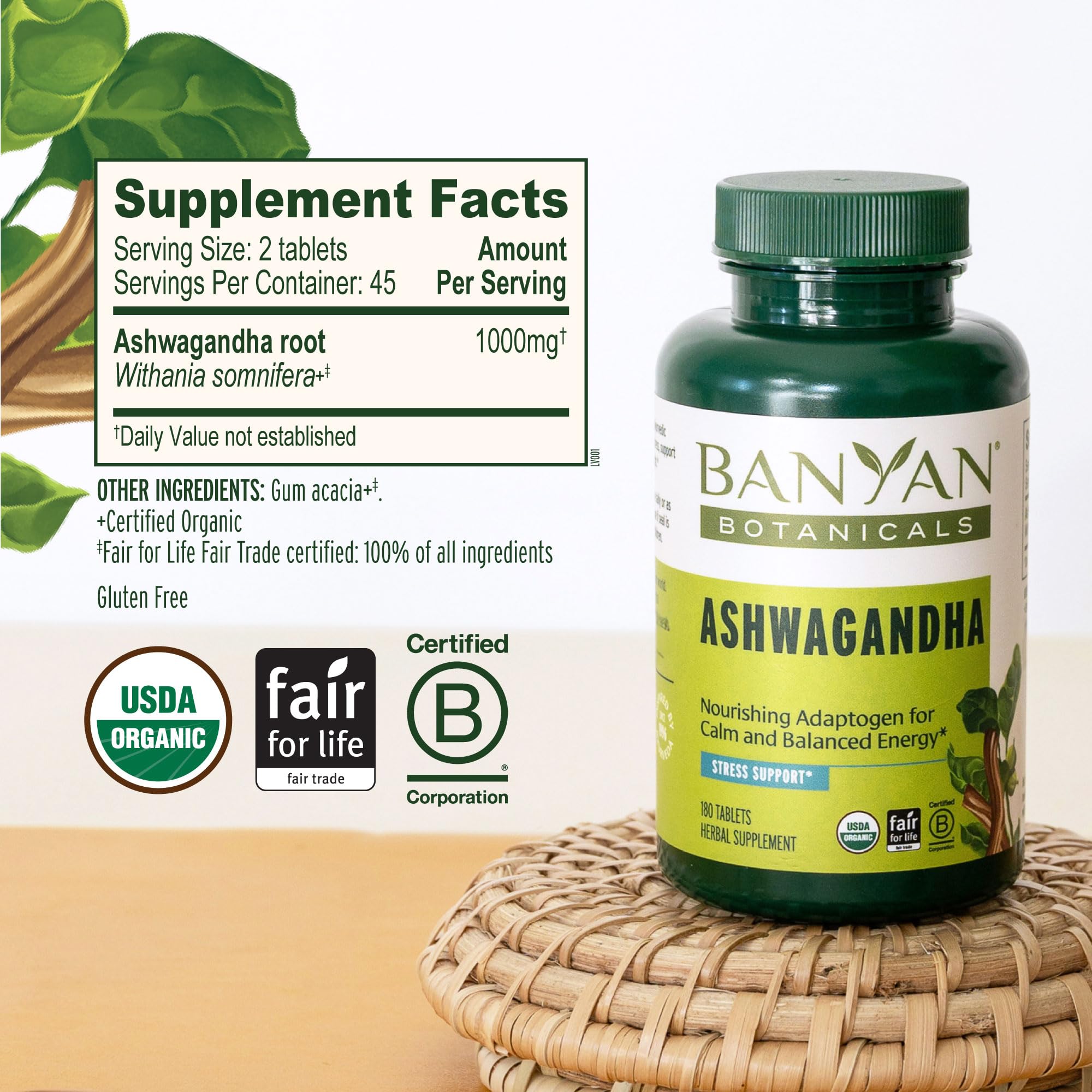 Banyan Botanicals organic ashwagandha root material close-up.