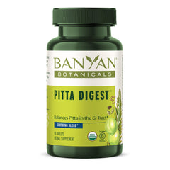 Banyan Botanicals Pitta Digest bottle label shown for cooling post-meal comfort.