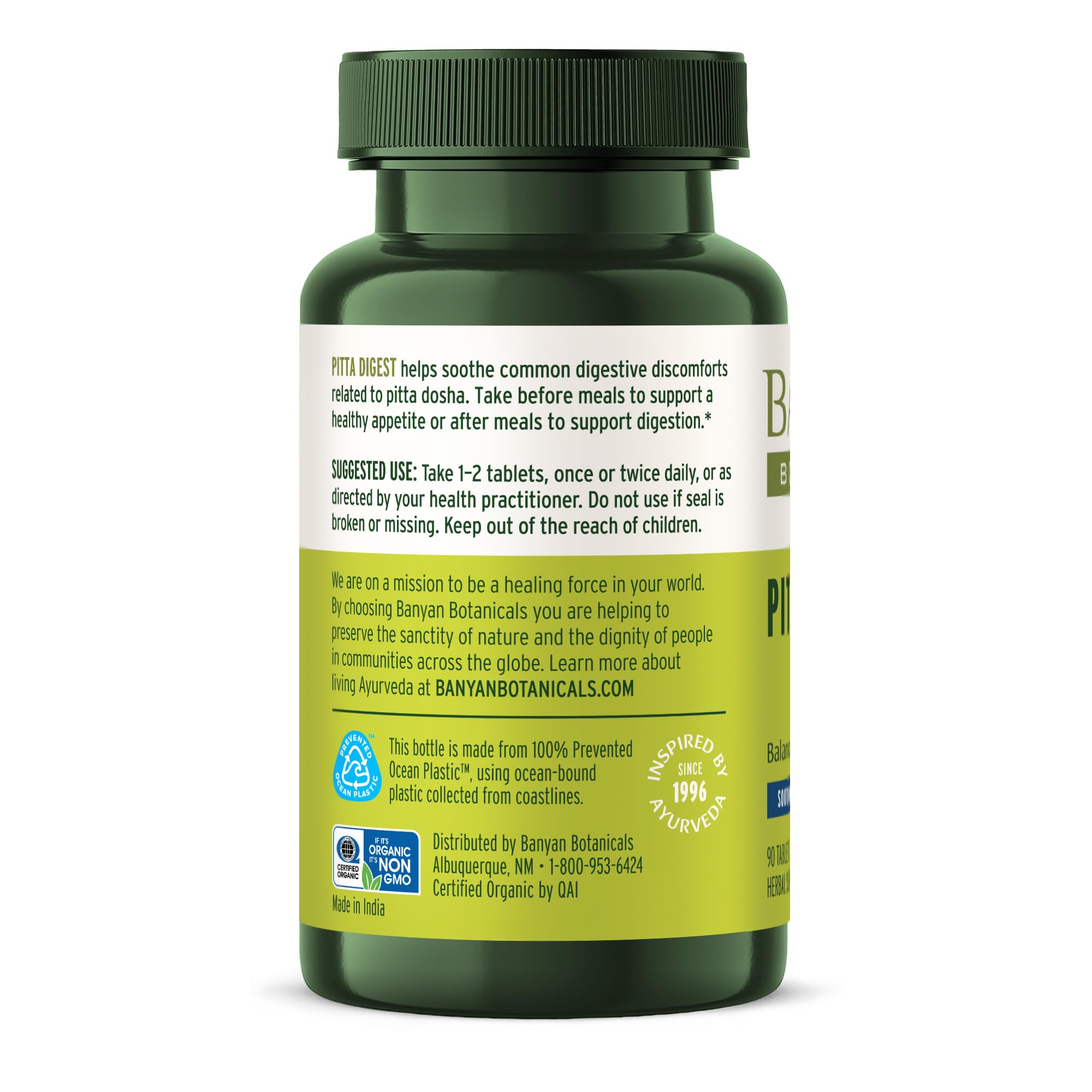 Banyan Botanicals Pitta Digest tablets on dish suggest daily routine use.
