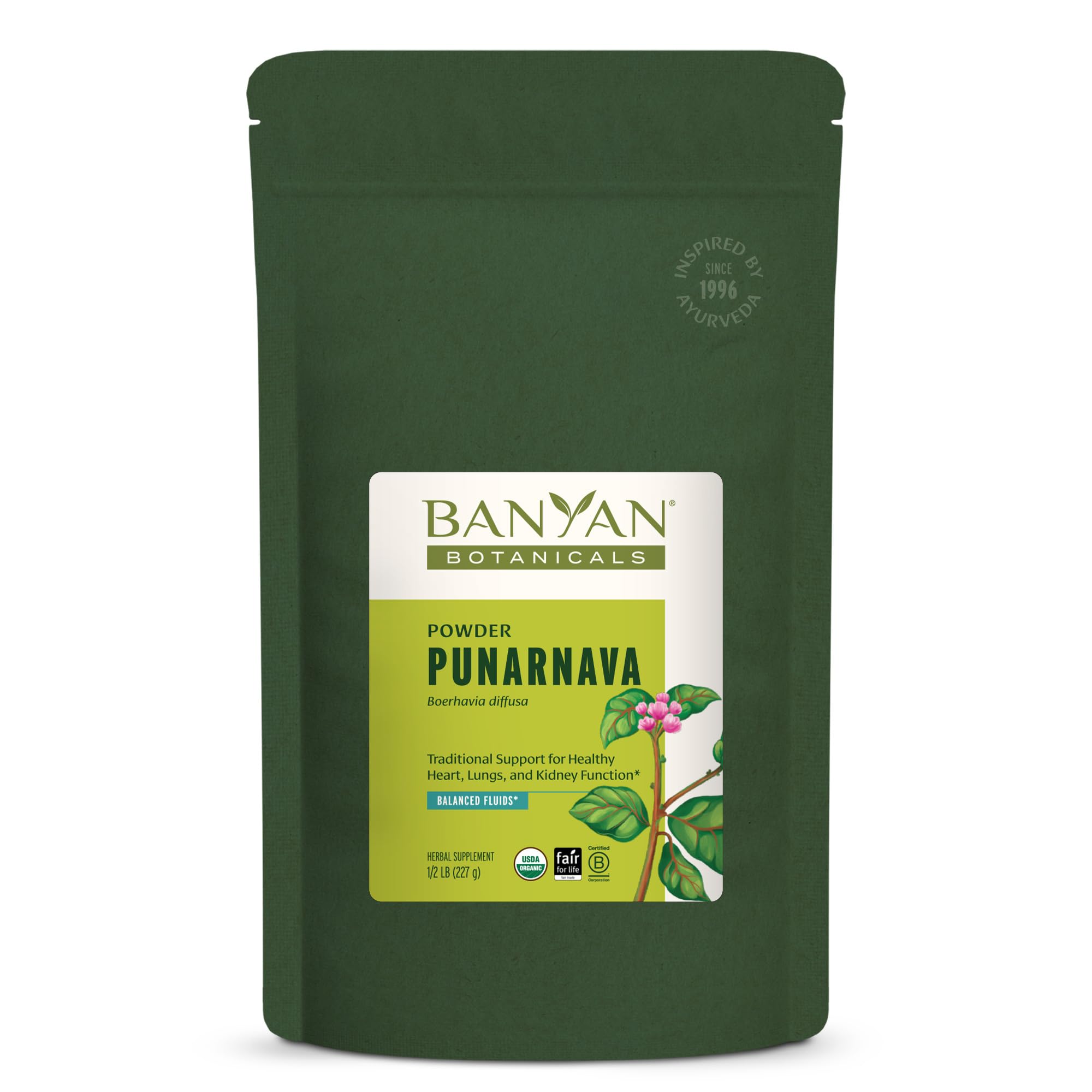Banyan Botanicals Punarnava powder packaging highlights organic quality for daily routines.
