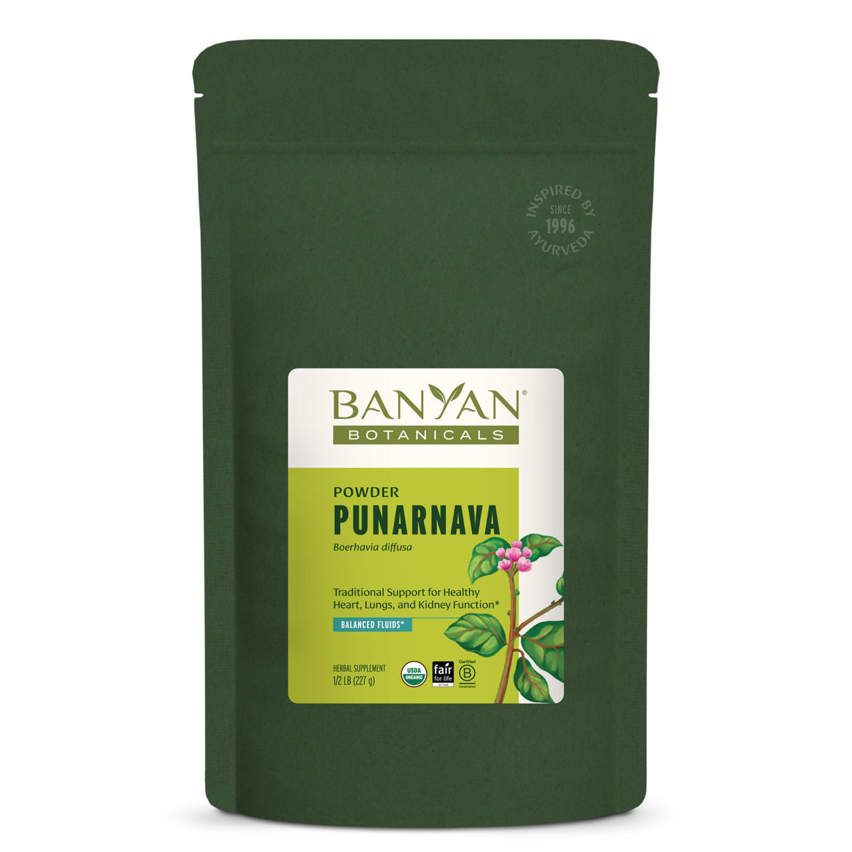 Banyan Botanicals Punarnava powder packaging highlights organic quality for daily routines.