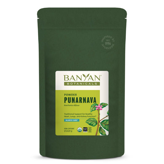 Banyan Botanicals Punarnava powder packaging highlights organic quality for daily routines.