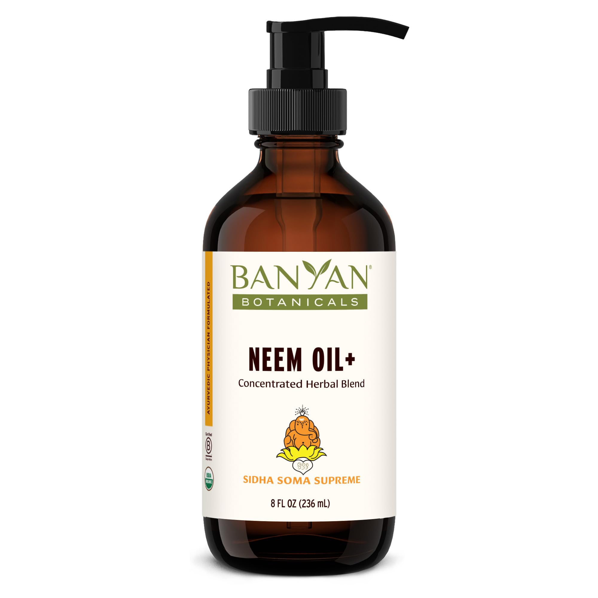 Banyan Botanicals Sidha Soma Supreme Neem Oil bottle for skincare rituals.