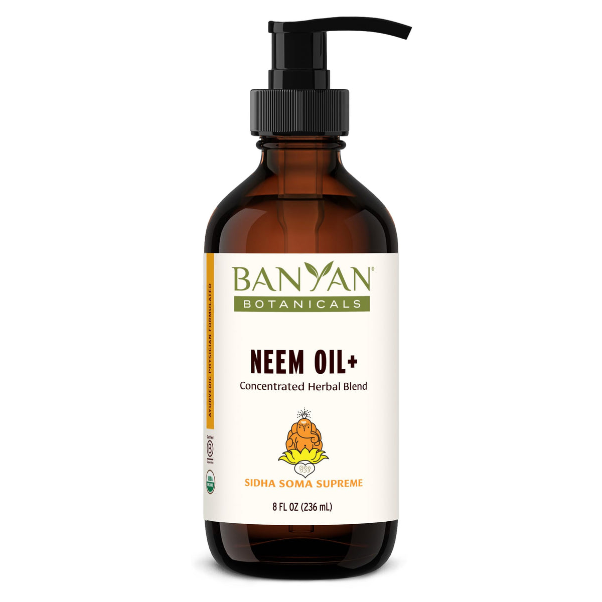 Banyan Botanicals Sidha Soma Supreme Neem Oil bottle for skincare rituals.