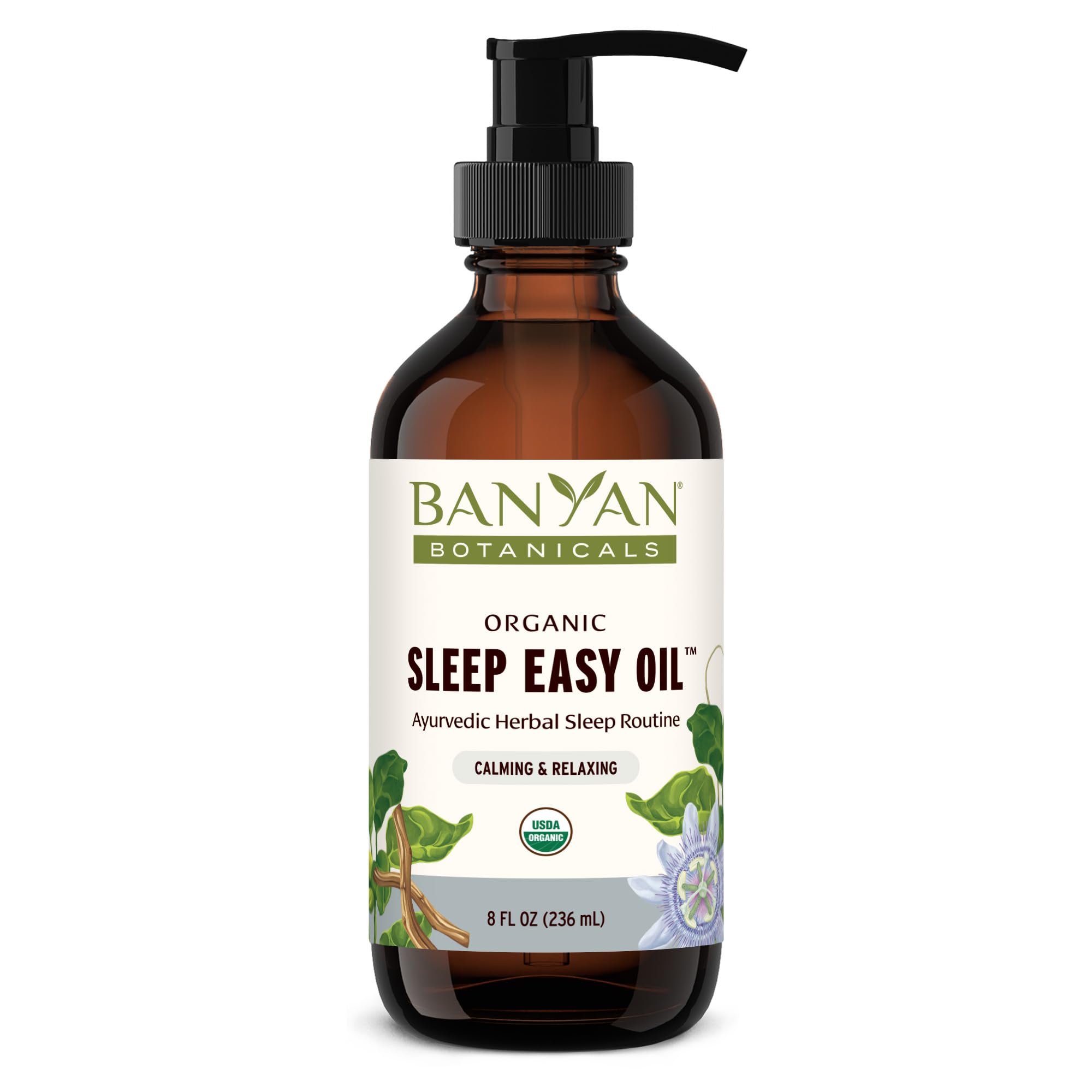 Banyan Botanicals Sleep Easy Oil bottle for soothing self-massage at night.
