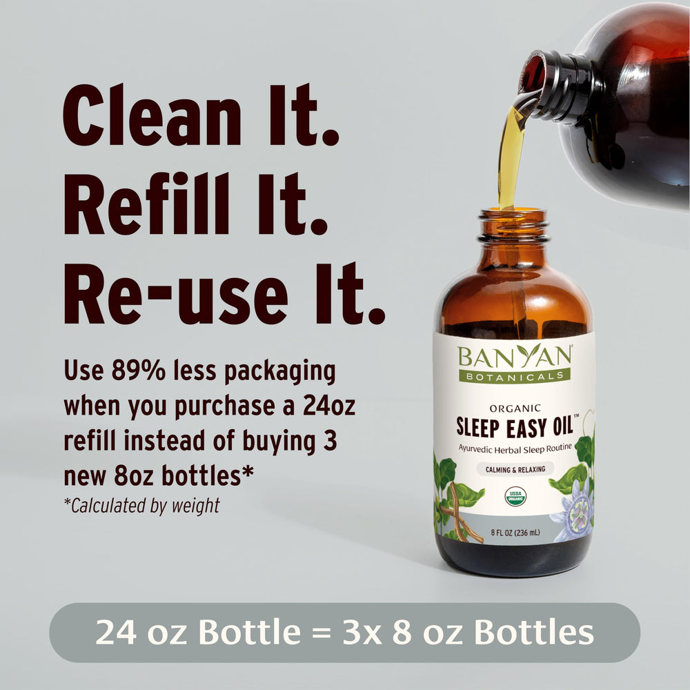 Banyan Botanicals Sleep Easy Oil cap and label emphasizing organic non GMO formula for peace of mind