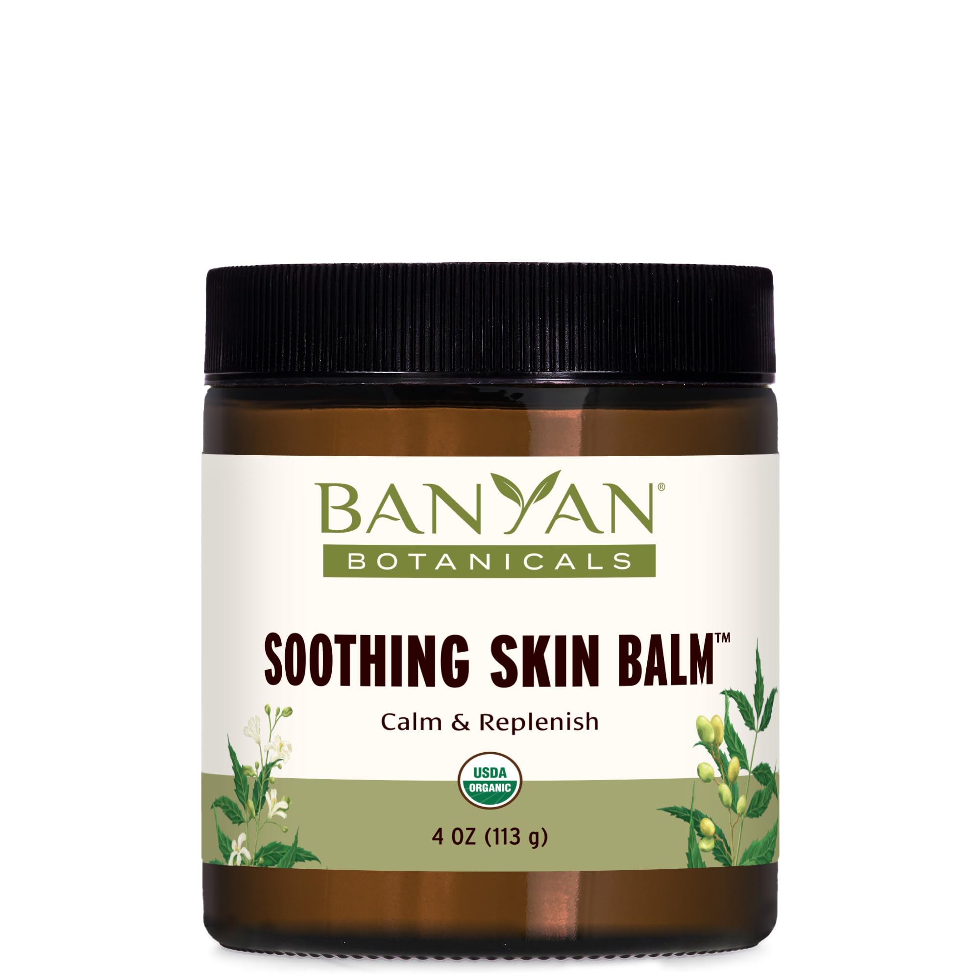 Banyan Botanicals Soothing Skin Balm jar shows creamy texture for calm, irritated skin.