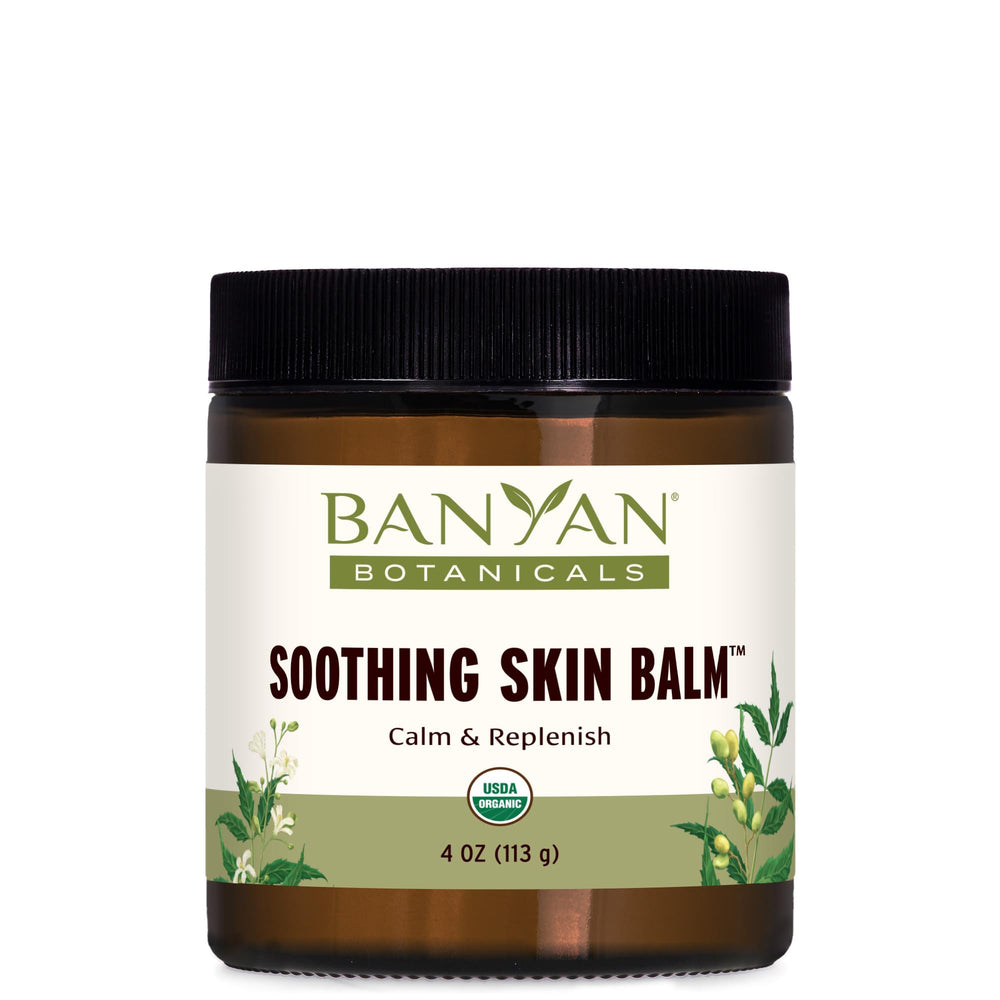Banyan Botanicals Soothing Skin Balm jar shows creamy texture for calm, irritated skin.