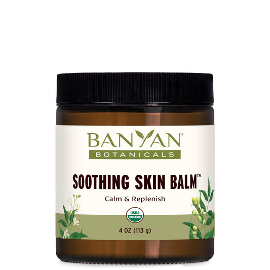 Banyan Botanicals Soothing Skin Balm jar shows creamy texture for calm, irritated skin.