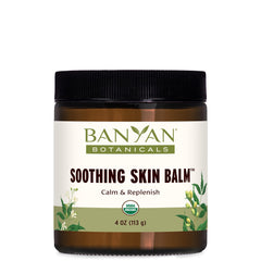 Banyan Botanicals Soothing Skin Balm jar shows creamy texture for calm, irritated skin.