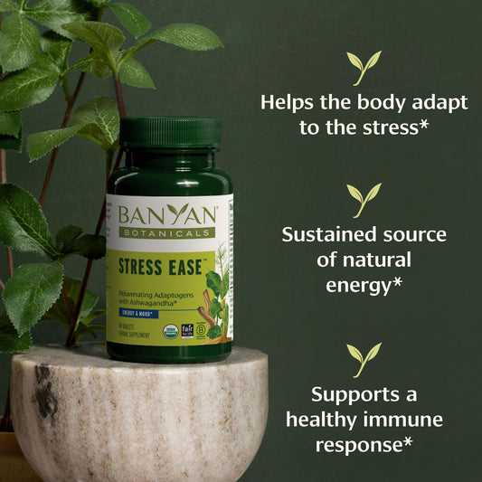Close-up of Banyan Stress Ease tablets suggesting convenient daily support.