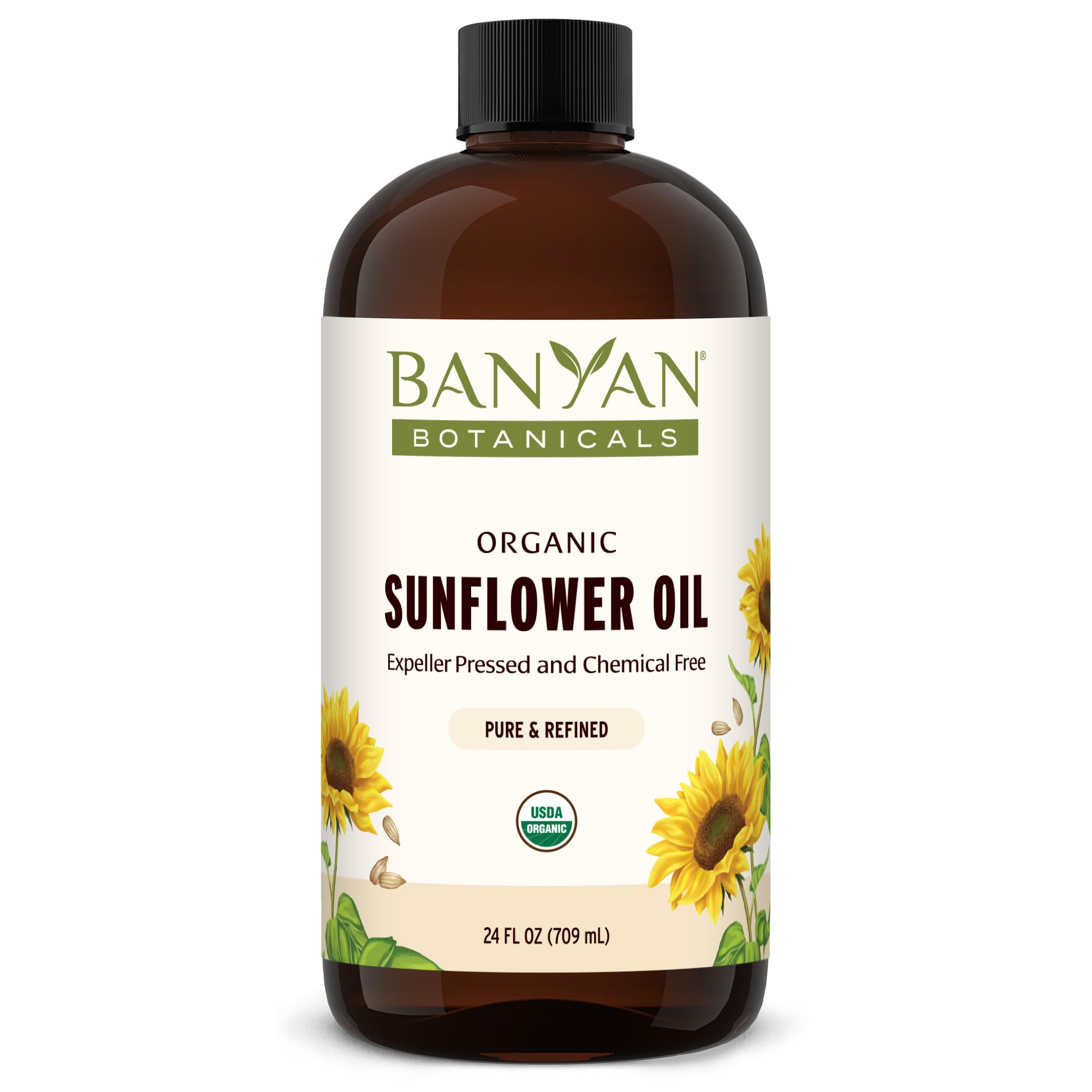 Banyan Botanicals Sunflower Oil bottle pour highlights light texture for smooth skin hydration.