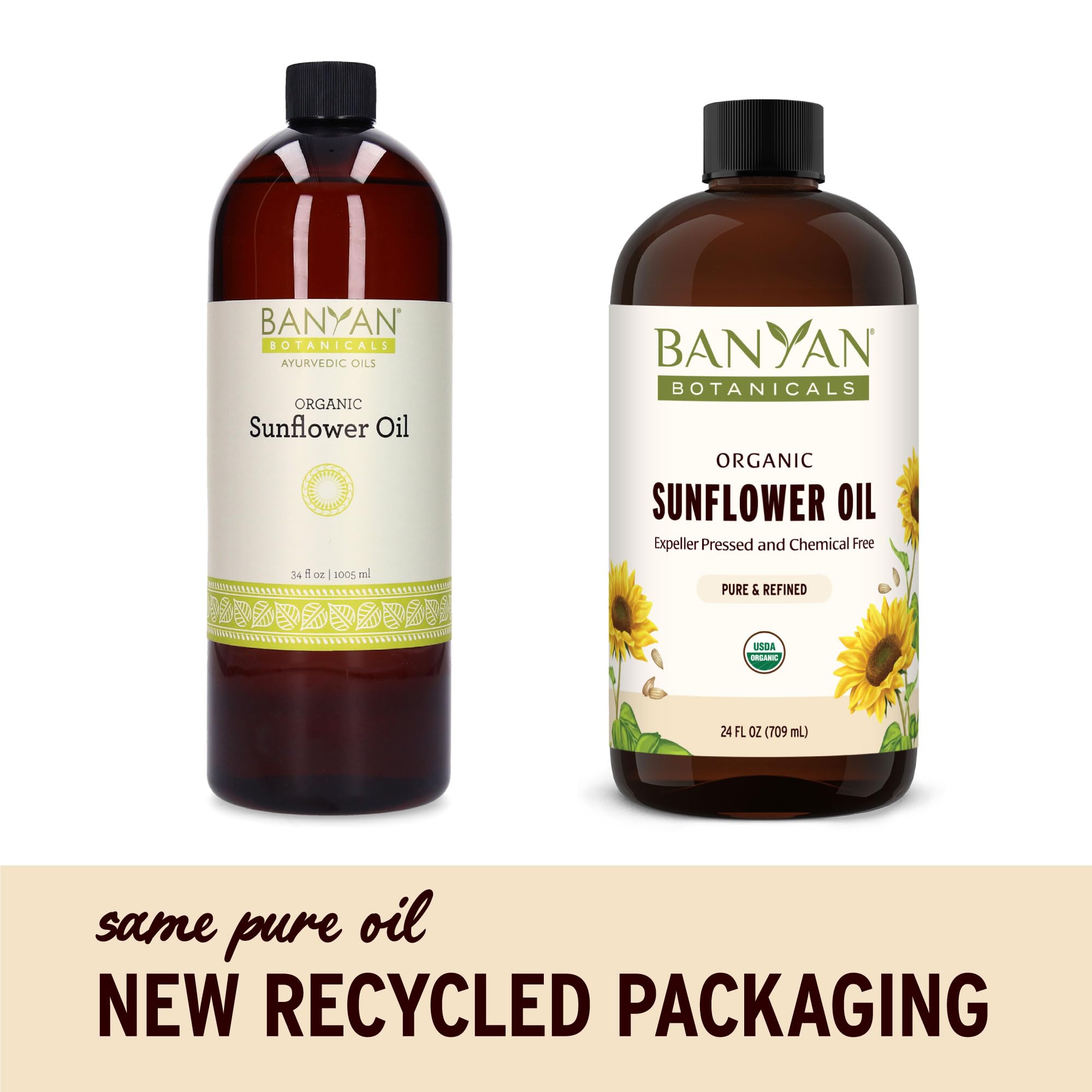 Banyan Botanicals Sunflower Oil close-up label shows organic, expeller-pressed quality.