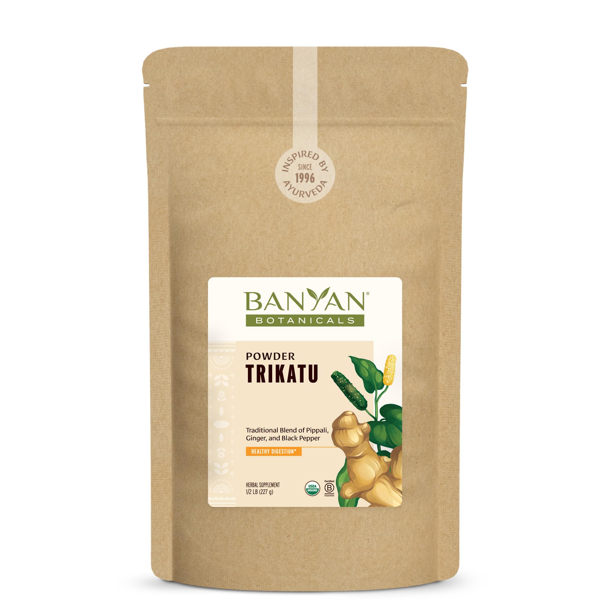 Banyan Botanicals Trikatu powder bottle with organic heating blend for digestion.