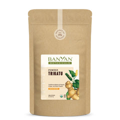 Banyan Botanicals Trikatu powder bottle with organic heating blend for digestion.