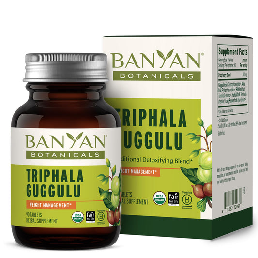 Banyan Botanicals Triphala Guggulu bottle for digestion support during detox routines.