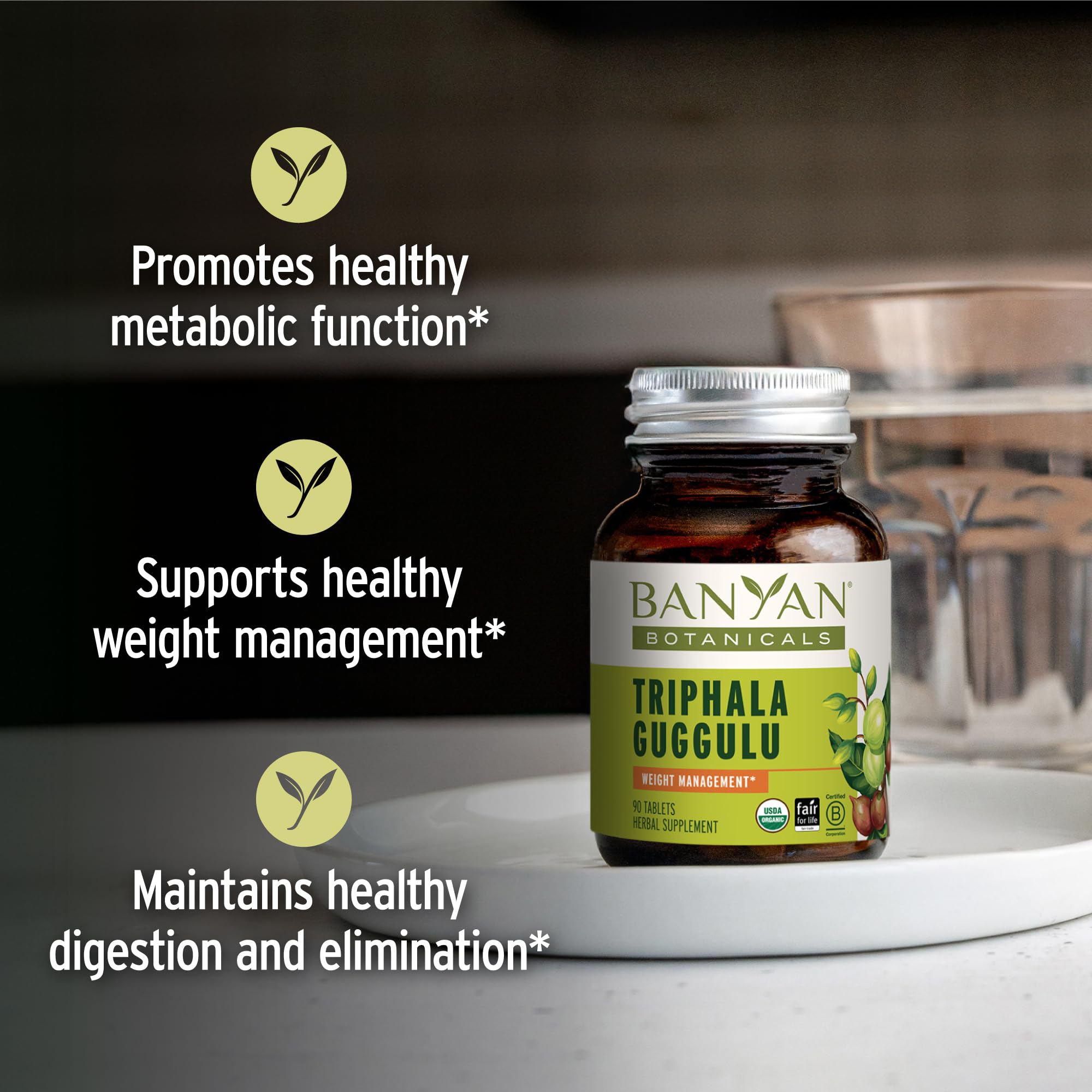 Banyan Botanicals Triphala Guggulu label closeup showing organic ingredients.