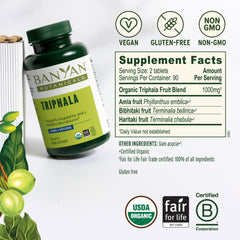 Banyan Botanicals Triphala label closeup highlighting organic ingredients