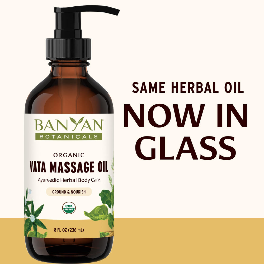 Close-up of organic ingredients for Banyan Botanicals Vata Massage Oil.