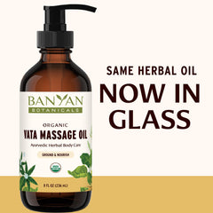 Close-up of organic ingredients for Banyan Botanicals Vata Massage Oil.