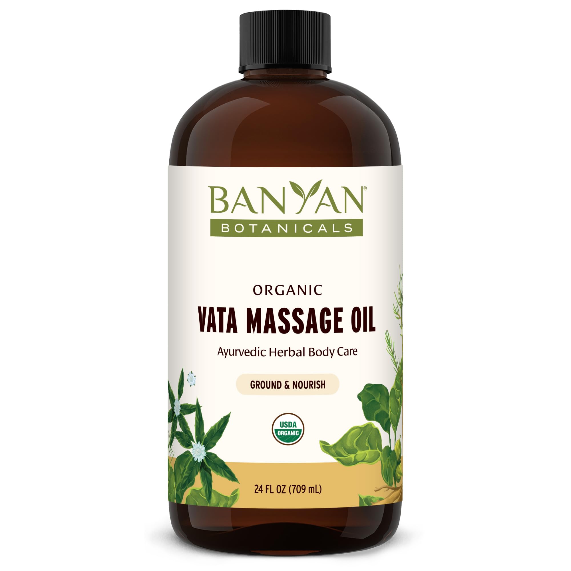 Banyan Botanicals Vata Massage Oil label showcasing organic, calming blend